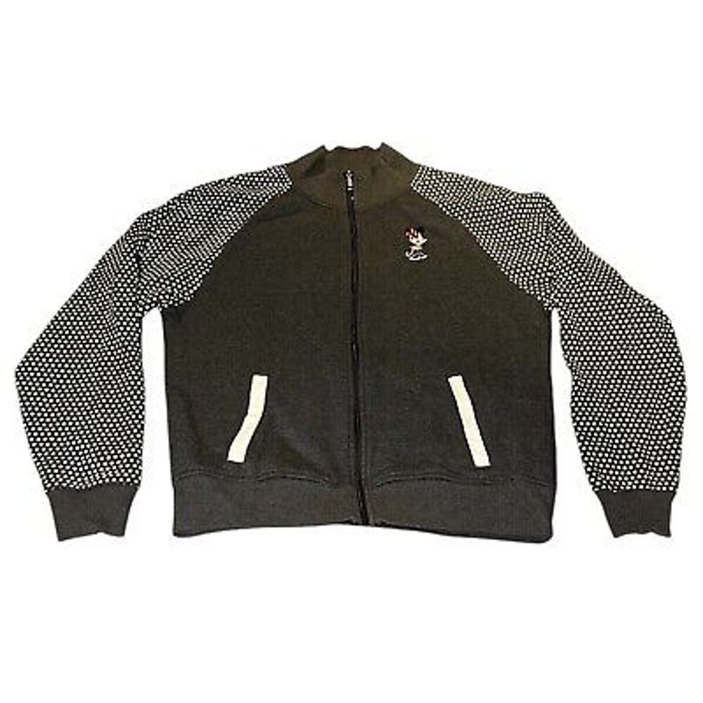 Disney Parks Minnie Large Embroidered Logo‎ Gray Polka Dot Zip Sweatshirt Youth